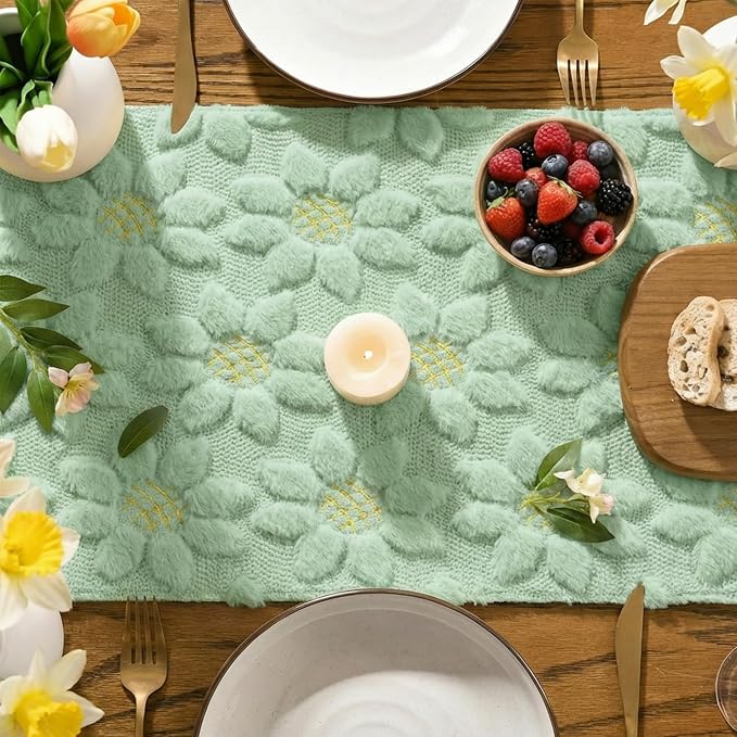 Artoid Mode Green Soft Plush Faux Fur Jacquard Embroidery Sunflower Spring - Image 3