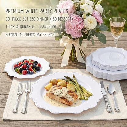 COLOSUS 60PCS White Plastic Plates-Fancy Plastic Beaded Plates, Plastic Premium - Image 5