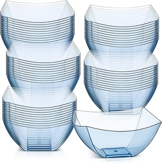 Tanlade 50 Pcs Square Plastic Serving Bowls Disposable Snack Salad Bowl Small Party Candy Bar Containers Taco Bar Serving Dishes for Buffet Chips Fruit (8 oz,Blue)