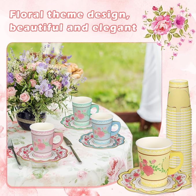 FillTouch 48 Sets Floral Paper Tea Cups and Saucers Disposable Paper Tea Party - Image 6
