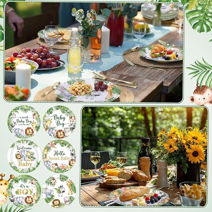 Gerrii 60 Pcs Safari Baby Shower Party Plates 7 Inch Weilcome Baby Disposable - Image 5
