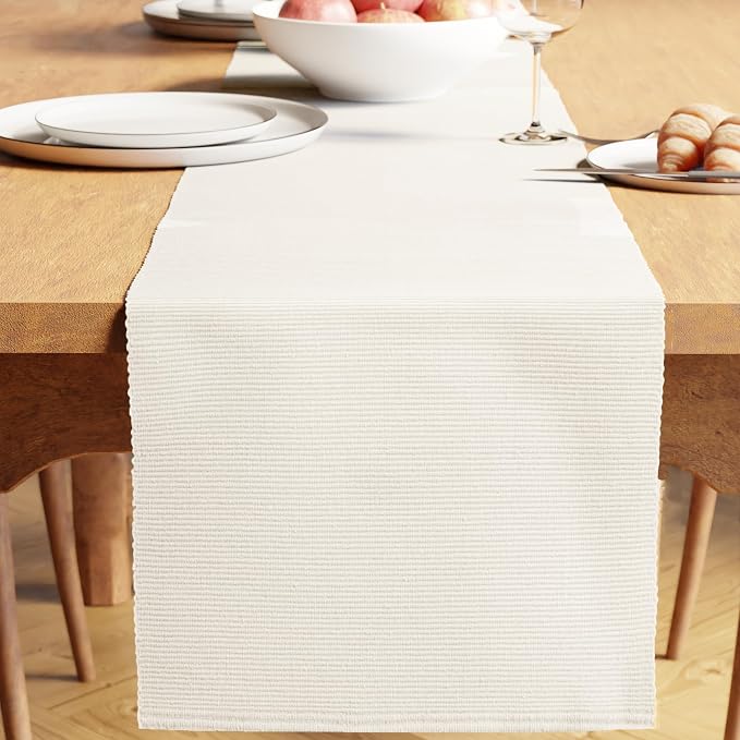 Encasa XO Table Runner, Yarn Dyed Ribbed Cotton 13"x72" | Solid Off White by EncasaXO