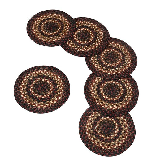 Homespice Prescott Jute Woven Trivets for Kitchen - Set of 6 - Round 15", Black & Red - Rich Colors, Easy to Clean, Durable and Protects Furniture