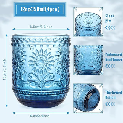 Topsky Vintage Drinking Glasses Set of 4,12oz Drinkware Set,Blue Glass Cups Wine Glasses Colored Glassware for Whisky,Beer,Juice,Cocktail,Heavy Duty