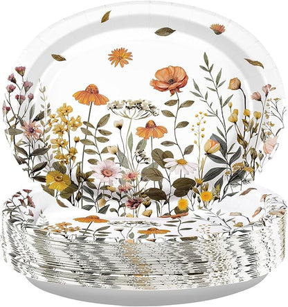 Grencian 50Pcs Spring Wildflower Oval Paper Plates 10" x 12" Large Disposable Watercolor Spring Floral Paper Plate Wildflower Birthday Decorations for Tea Lunch Dinner Birthday Party Supplies