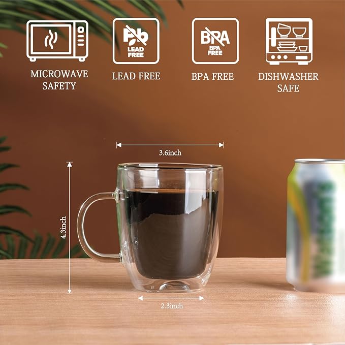 Wlasss Double Wall Insulated Glass Coffee Mugs set of 4-13 oz Clear Hand Blown - Image 2
