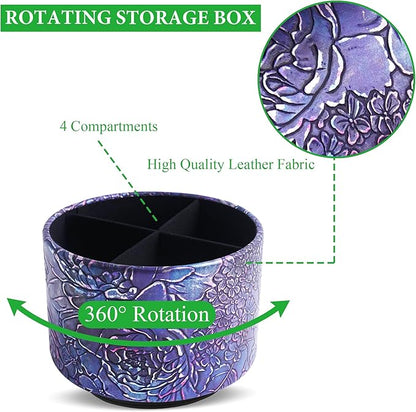 Round Leather Art Supply Organizer,Remote Control Holder,360 Degree Spinning,Multi-Functional Pencil Holder,4 Compartments Desktop Stationary Organizer(1-Rich Flower Purple)