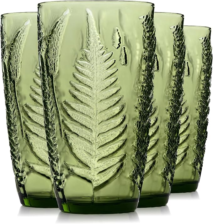 Green Drinking Glasses Set of 4, 16 oz Glass Cups, Vintage Fern Glassware | by QELVIO