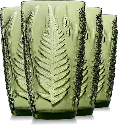 Green Drinking Glasses Set of 4, 16 oz Glass Cups, Vintage Fern Glassware | by QELVIO