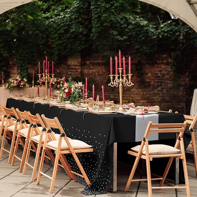 24Pack Disposable Plastic Tablecloths and Satin Table Runner Set Black and - Image 7