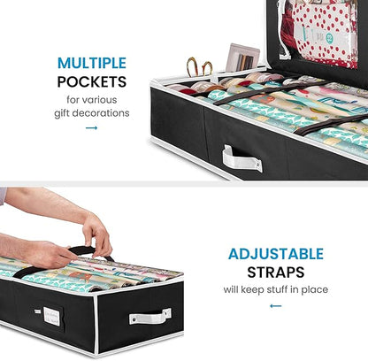 ZOBER Gift Wrapping Paper Organizer Storage - 40" Gift Wrap Storage Containers with Interior Pockets for Bows, Tags & Ribbons - Wrapping Paper Holder, 600D Oxford, Fits 24 Standard Rolls, Black/White