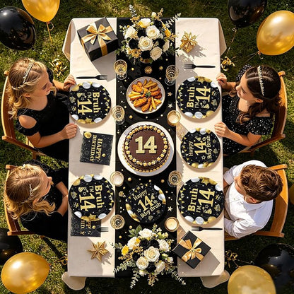 96 Pcs Bruh 14th Birthday Party Black Gold Decorations, Serves 24 | Black Gold - Image 8