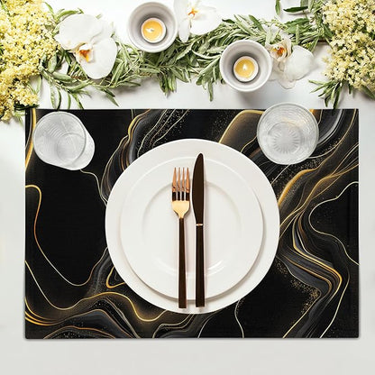 Black and Gold Placemats - Marble Place Mats Set of 4 Modern Placemats 12x18 for Dining Kitchen Farmhouse