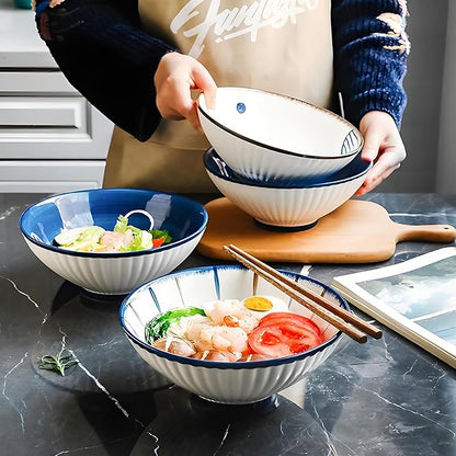 Porcelain 8 Inch Ramen Bowls Set of 4, 38 Oz Ceramic Soup Bowls for Udon, Soba, Noodles and Soup, Ideal for Japanese Cuisine Home Kitchen Dining, Blue and White