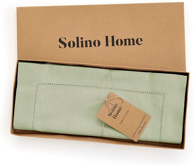 Solino Home Cotton Linen Dining Table Runner Sage Hemstitch, 14 x 108 in | - Image 4