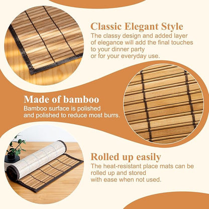Bamboo Placemats with Fabric Border Set of 4 Natural Bamboo Rectangular Rolling Table Mats for Dining Kitchen Table Heat Resistant Table Protection Brown