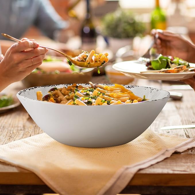 Rustic Melamine Serving Bowls, 12 inch Larger Salad Bowl Set, Farmhouse White - Image 3