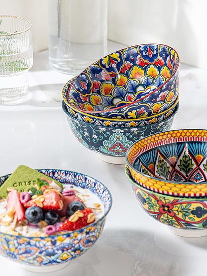 HENXFEN LEAD Small Dessert Bowls – 10 oz Boho Ceramic Bowls for Ice Cream, Snacks, Side Dishes, Condiments – Microwave & Dishwasher Safe, Set of 6