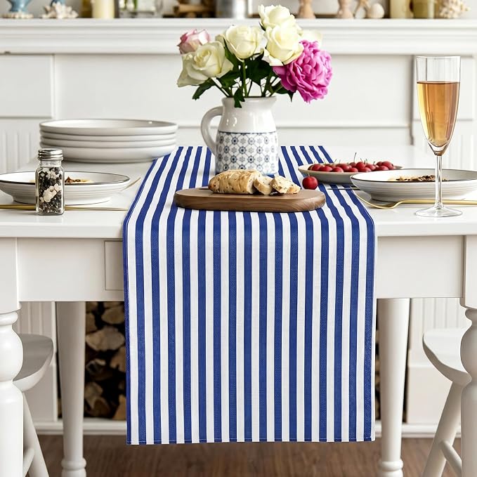 6 Pcs Navy Blue and White Stripe Table Runner, 13 x 72 Inch | Linen Kitchen - Image 3