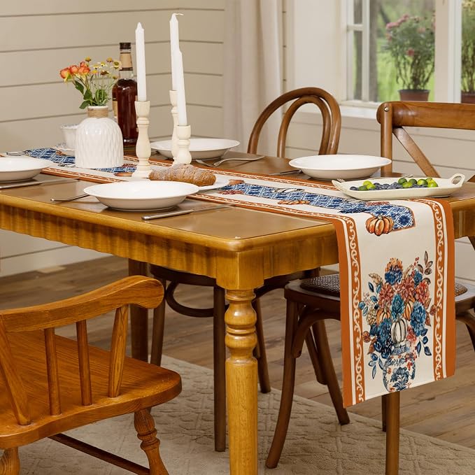 Fall Floral Chinoiserie Pumpkin Table Runner Rustic Burlap Table Runners - Image 3