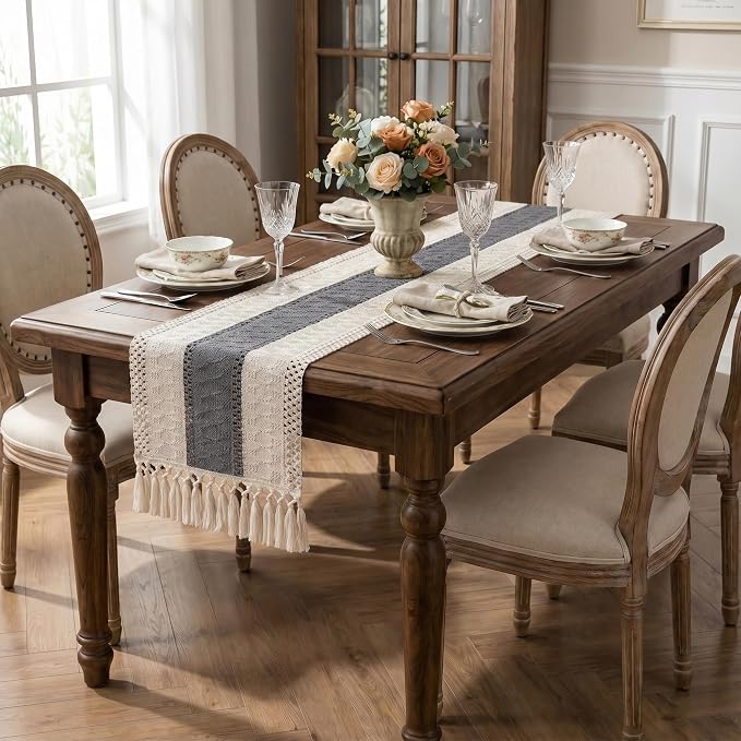 Boho Macrame Table Runner with Tassels 72in Grey Farmhouse Runner | Macrame - Image 3