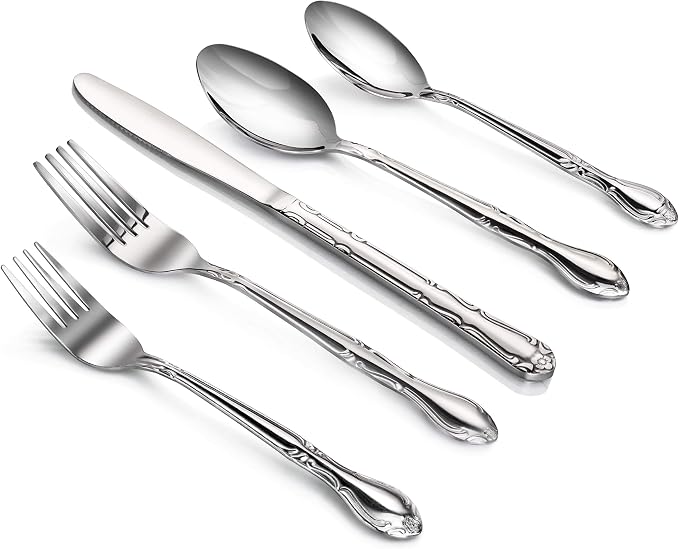 New Star Foodservice Rose Pattern 18/0 Stainless Steel Flatware Set, 60-Piece - Image 2