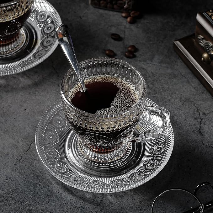 Glass Teacups and Saucers Set of 6, Vintage Coffee Mugs - Image 6