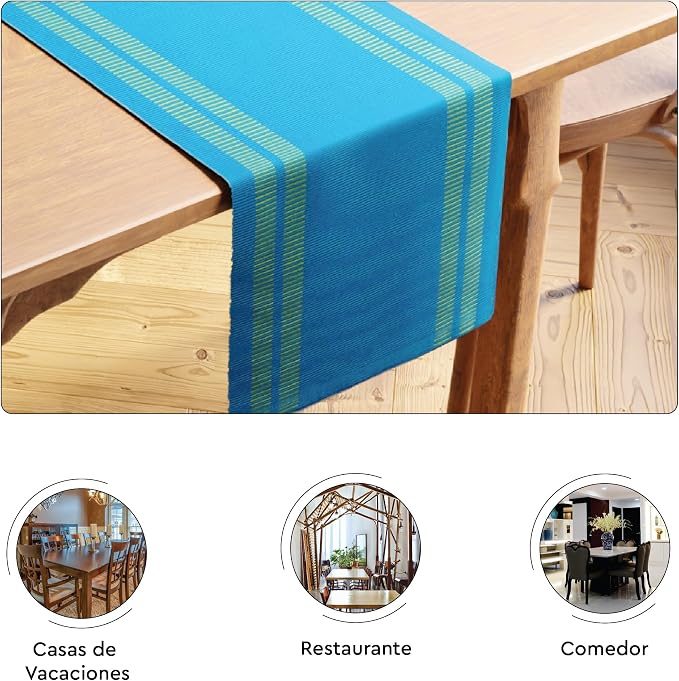 Encasa XO Table Runner, Yarn Dyed Ribbed Cotton 13"x72" | Ladder Turq Blue - Image 4