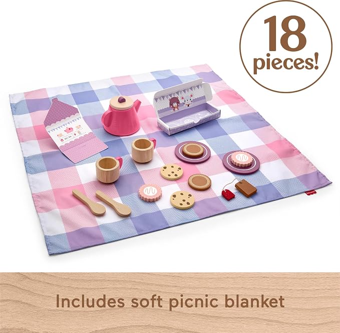Fisher-Price Wood Pretend Play Toy Picnic Tea Set, 18-Pieces - Image 4