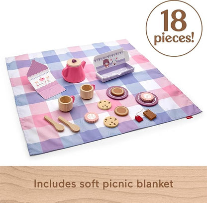 Fisher-Price Wood Pretend Play Toy Picnic Tea Set, 18-Pieces - Image 4