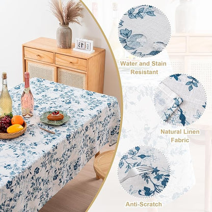 H.VERSAILTEX Linen Table Cloths Floral Printed Tablecloth Spill-Proof Waterproof Table Cover for Dining Buffet Feature Soft and Thick Fabric Wrinkle Free, 60 x 120 Inch, Retro Floral - Stone Blue