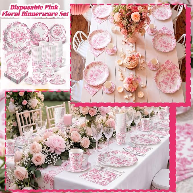 Pickmesh 252 Pcs Pink Floral Tea Party Supplies - Image 6