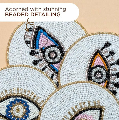Folkulture Coasters Set of 4 | Beaded Hand-Crafted Evil Eye 2.0 Handmade Boho - Image 3