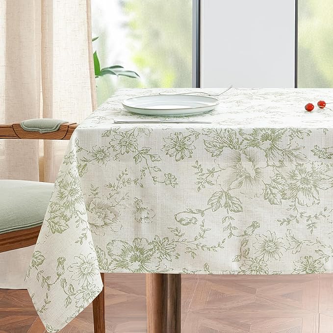 jinchan Green Floral Linen Blend Rectangle Table Cloth 52 x 70 Inch | Elegant by JINCHAN