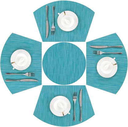 SHACOS Small Round Table Placemats Set of 5 Woven Vinyl Wedge Placemats with Centerpiece Round Table Mats Heat Resistant Wipe Clean (5, Teal Blue)