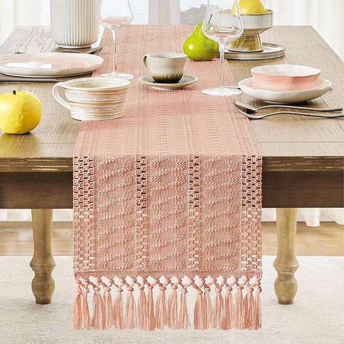 Boho Table Runner for Pink Tassel Home Decor 72 Inches Long, Rustic Macrame - Image 6
