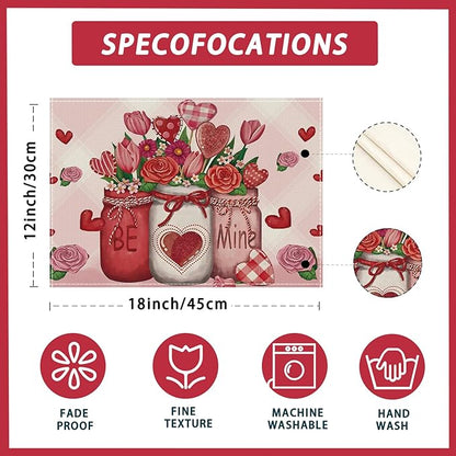 XCHI Roses Flowers Love Hearts Vase Valentine’s Day Placemats Set of 4 Table Mats for Party Home Kitchen Dining Table Decorations 12x18 Inch