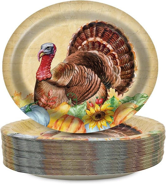 Thanksgiving Oval Paper Plates 10" x 12",Large Disposable Fall Party Decorations Paper Vintage Autumn Turkey Plates for Birthday Holiday Favor Bridal Baby Shower Party Supplies,50 Guests