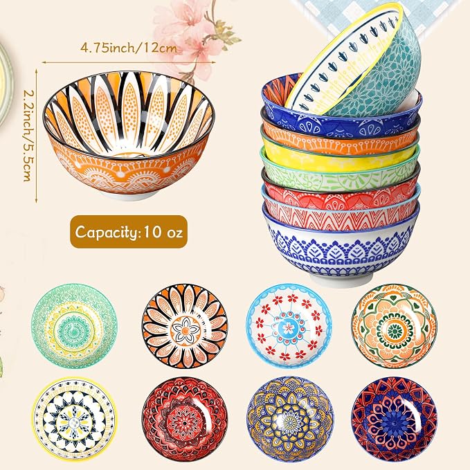 8 Pcs Colorful Ceramic Bowl Set 10 oz 4.75'' Porcelain Kitchen Soup Cereal - Image 2