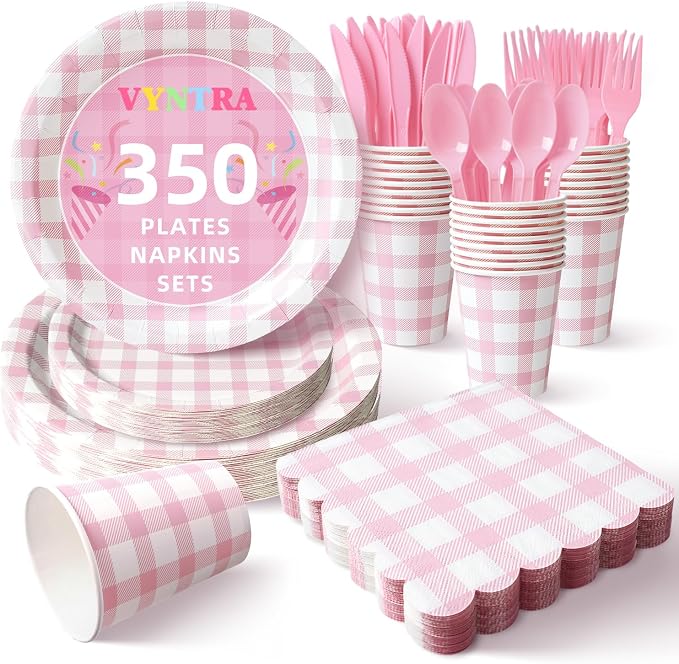Vyntra 350 Pcs Pink Gingham Paper Plates and Napkins Set by PartyTablewareSupplies