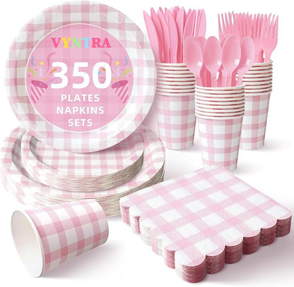 Vyntra 350 Pcs Pink Gingham Paper Plates and Napkins Set by PartyTablewareSupplies
