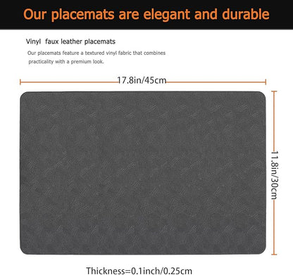 Vinyl Placemats Set of 8 Faux Leather 100% Waterproof Wipeable Washable Place Mats Heat Resistant Easy Clean Non-Slip Table Mats for Indoor Outdoor. (8,Gray)