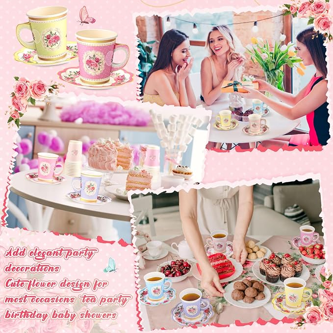 Tioncy 100 Pcs Tea Party Decorations Include 50 Pieces 9 oz Paper Tea Cups - Image 5