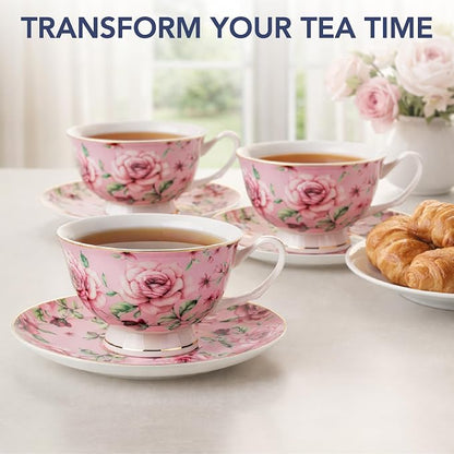 BTaT- Floral Tea Cups and Saucers, 8 oz, Fine Porcelain Teacup Set - Image 5