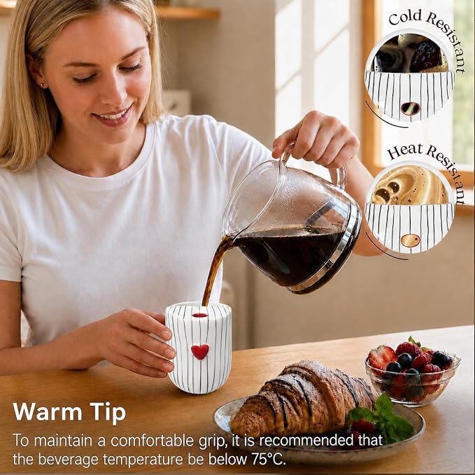 Ceramic Coffee Mug with Sip Hole, 12oz Striped Coffee Cup with Heart Accent - Image 2