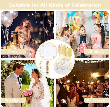 Ciaell 350 PCS Gold Plastic Plates - White and Gold Plates - Gold Disposable Plates Include 50 Disposable Plate, 150 Heavy Duty Silverware, 50 Cups, 50 Napkins for Wedding & Party