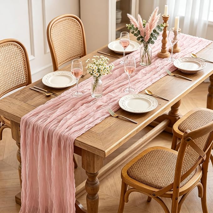 Pink Cheesecloth Table Runner, 10FT Dusty Pink Boho Gauze Table Runner - Image 2