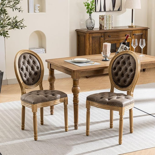 Ball & Cast French Vintage Upholstered Dining Chairs Set of 2, Button Tufted Kitchen Side-Chairs with Carved Antique Wood Frame & Nailhead Trims, PU-Leather Curved Backrest Louis Chair, PU Brown