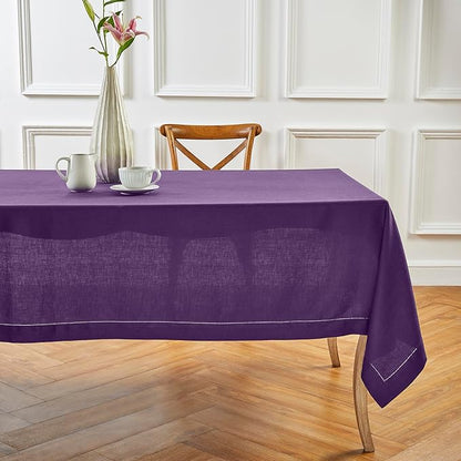 Solino Home Linen Tablecloth for Rectangle Tables 60 x 156 Inch - Classic Hemstitch 100% Pure Linen Purple Table Cloth - Machine Washable Cloth Tablecloth for Valentines, Spring, Easter