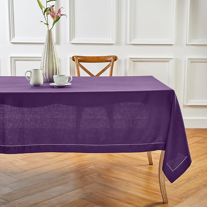 Solino Home Linen Tablecloth for Rectangle Tables 60 x 144 Inch - Classic Hemstitch 100% Pure Linen Purple Table Cloth - Machine Washable Cloth Tablecloth for Valentines, Spring, Easter